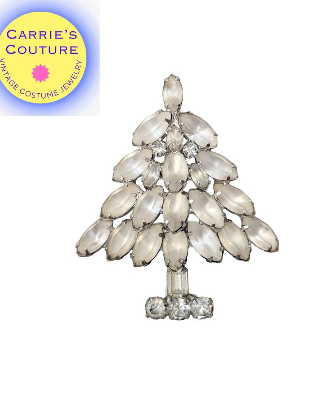 Vintage Signed Napier Book Piece Christmas Tree Frosted White Rhinestone Brooch